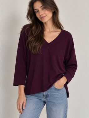 J.Jill Wearever V-Neck Ribbed Long-Sleeve Top in Deep Plum Size XL